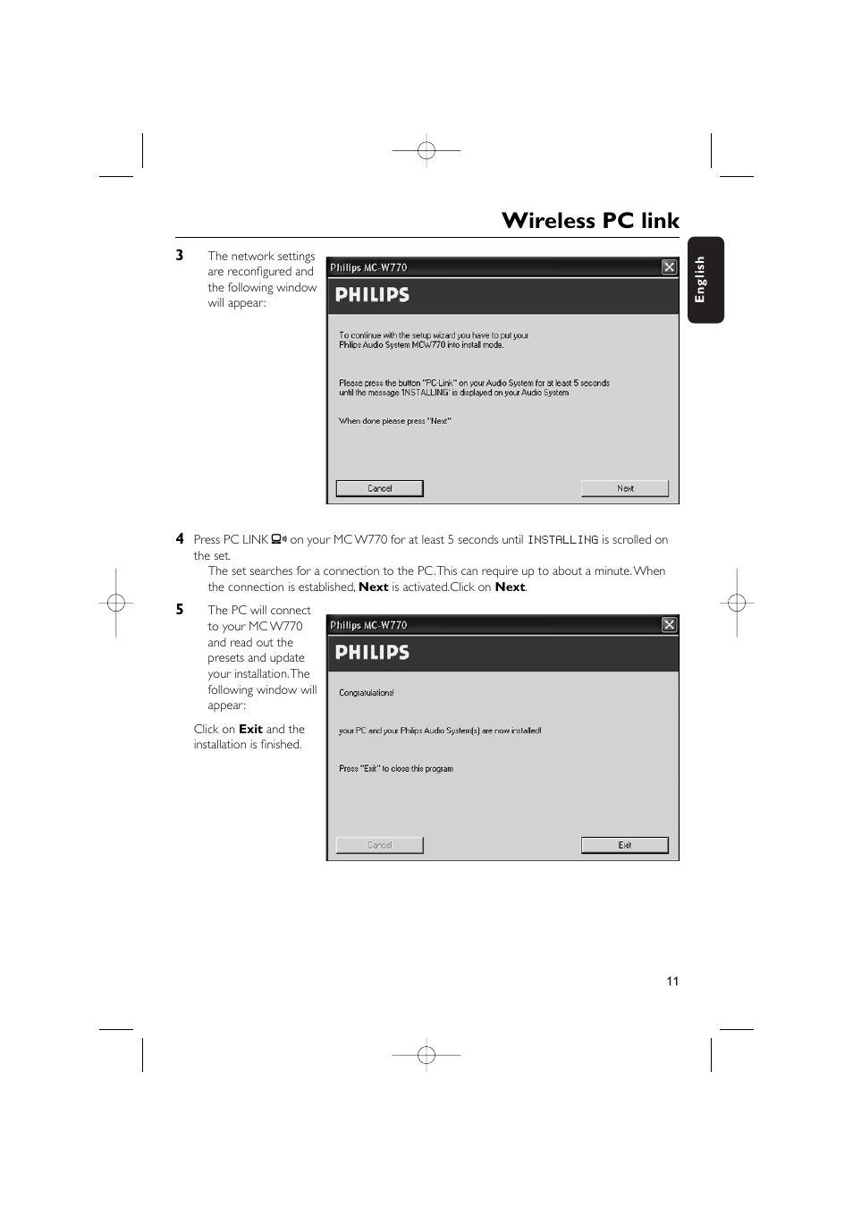 Wireless pc link | Philips WIRELESS PC LINK MICRO MCW770 User Manual | Page 11 / 61