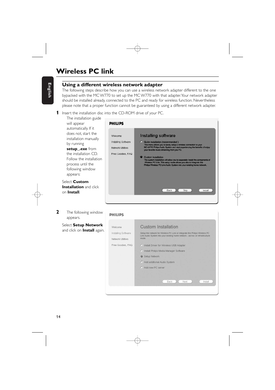 Wireless pc link | Philips WIRELESS PC LINK MICRO MCW770 User Manual | Page 14 / 61