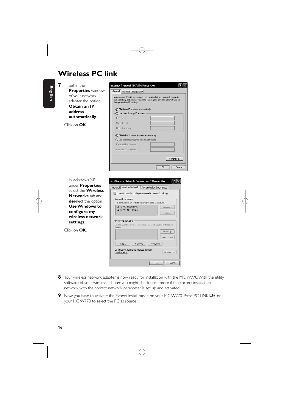 Wireless pc link | Philips WIRELESS PC LINK MICRO MCW770 User Manual | Page 16 / 61