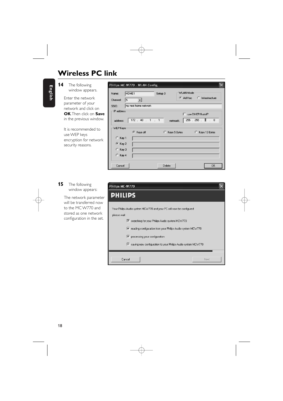 Wireless pc link | Philips WIRELESS PC LINK MICRO MCW770 User Manual | Page 18 / 61