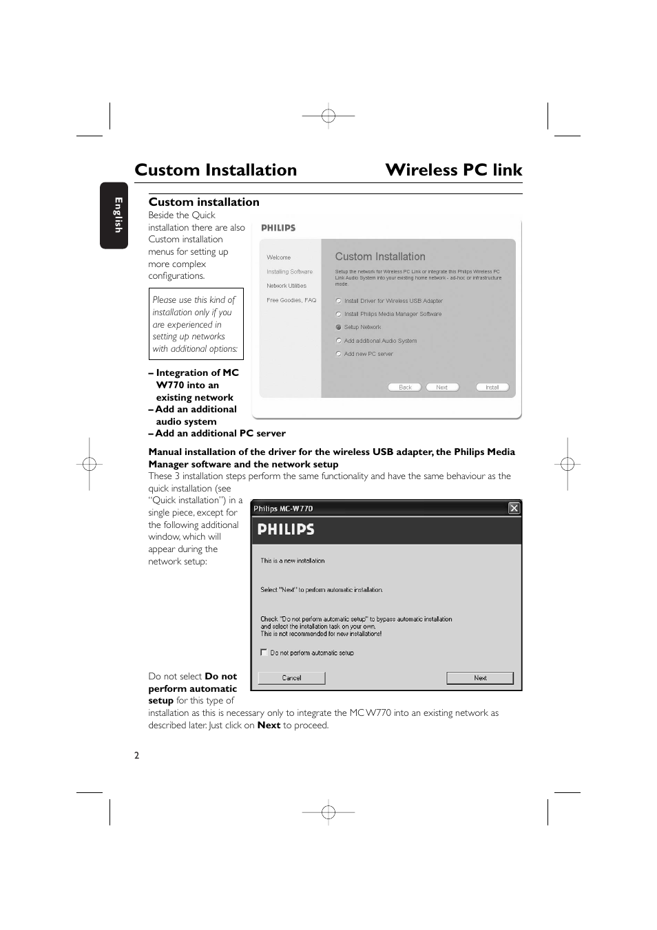 Custom installation wireless pc link | Philips WIRELESS PC LINK MICRO MCW770 User Manual | Page 2 / 61