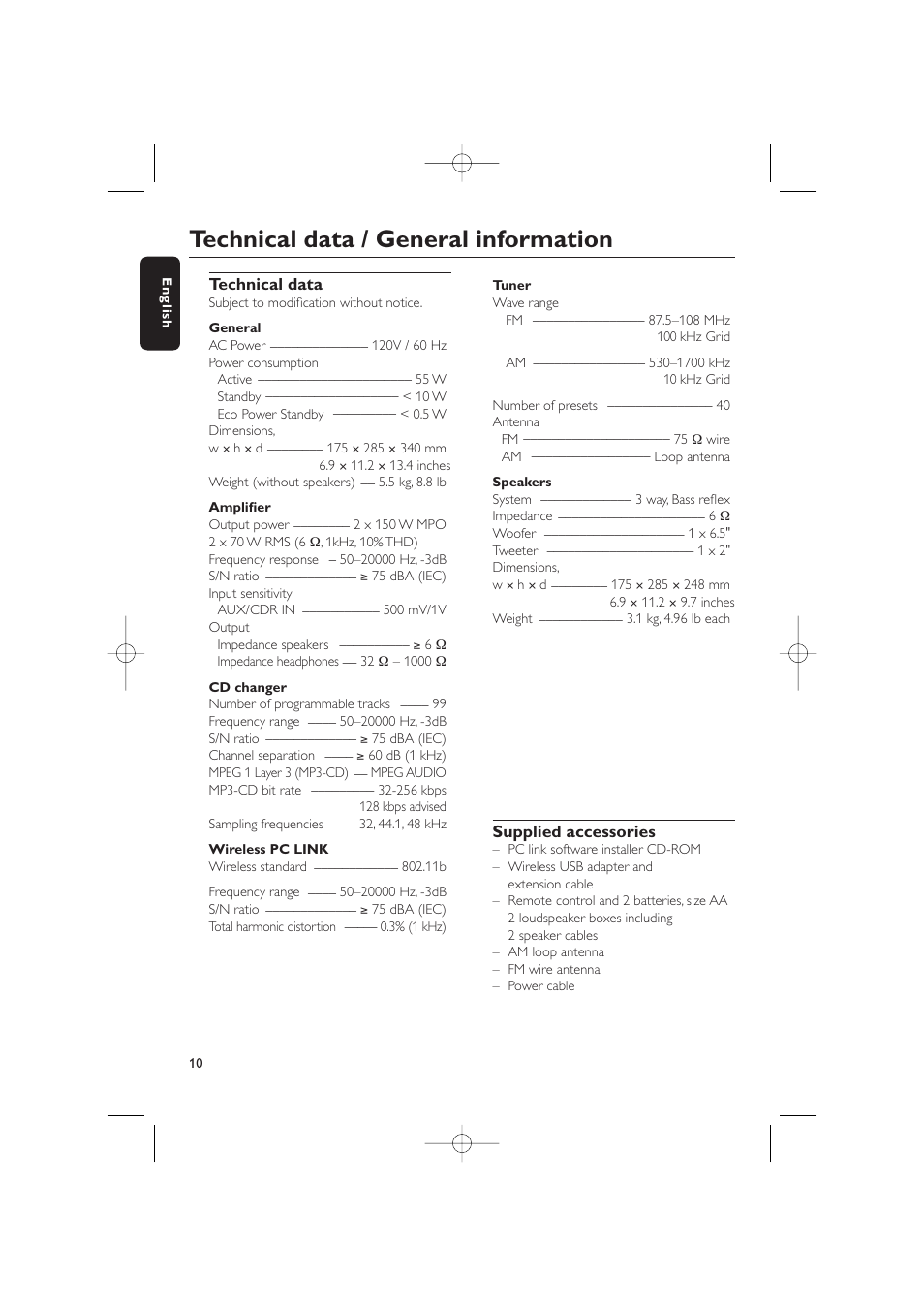 Technical data / general information | Philips WIRELESS PC LINK MICRO MCW770 User Manual | Page 29 / 61