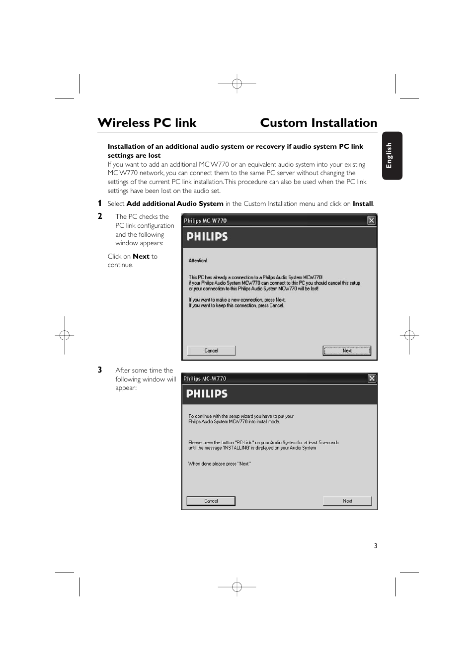 Wireless pc link custom installation | Philips WIRELESS PC LINK MICRO MCW770 User Manual | Page 3 / 61