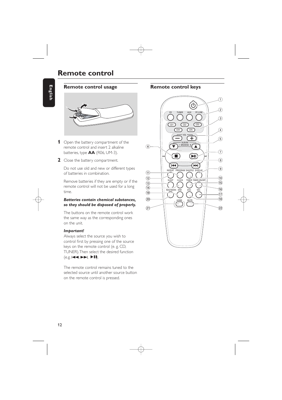 Remote control, Remote control usage 1, Remote control keys | Philips WIRELESS PC LINK MICRO MCW770 User Manual | Page 31 / 61