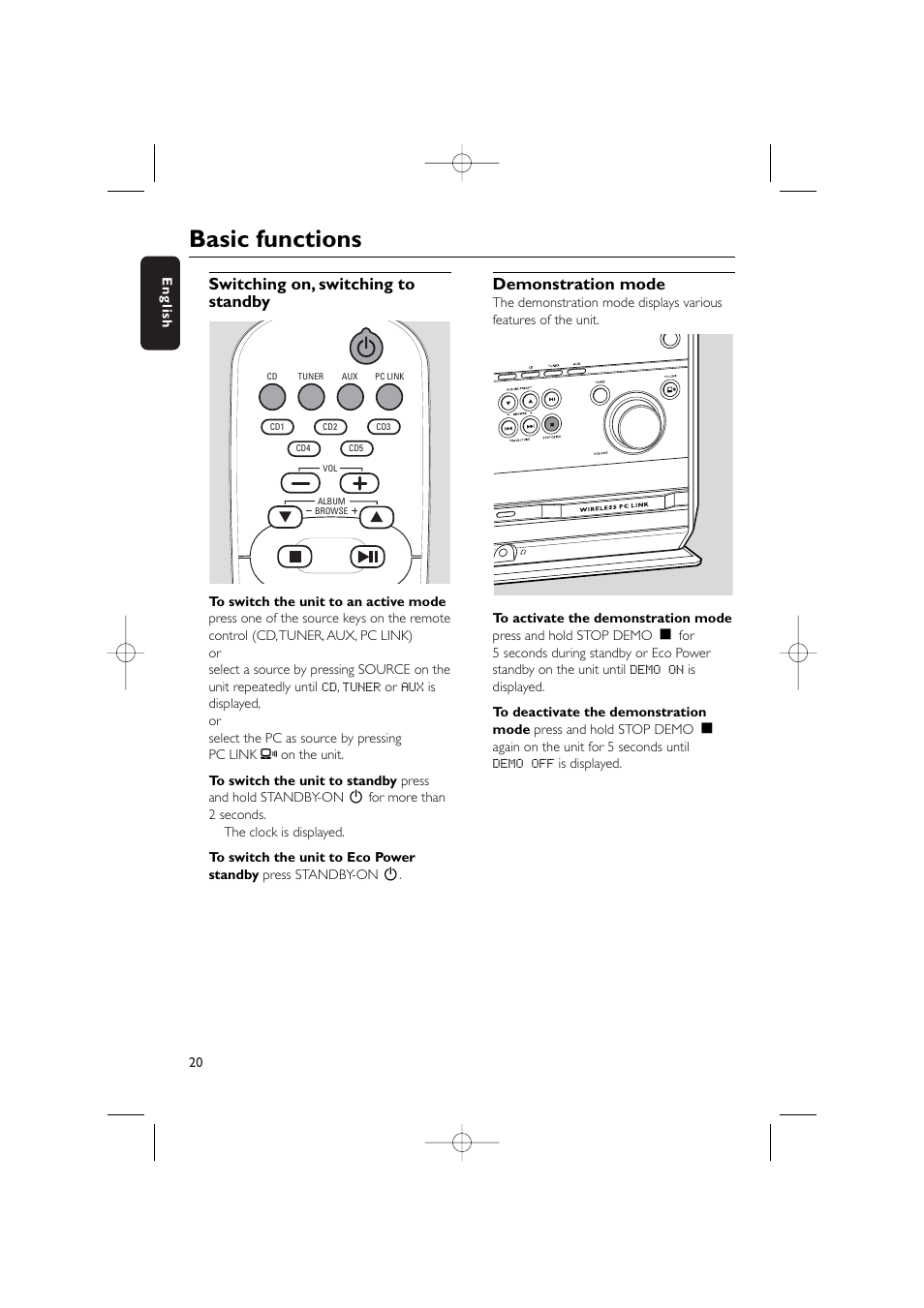 Basic functions, Switching on, switching to standby, Demonstration mode | Philips WIRELESS PC LINK MICRO MCW770 User Manual | Page 39 / 61