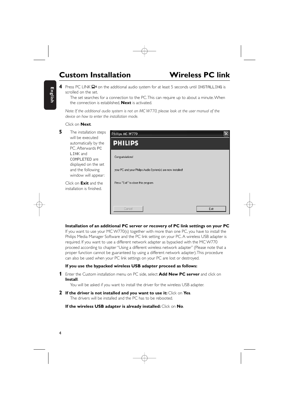 Custom installation wireless pc link | Philips WIRELESS PC LINK MICRO MCW770 User Manual | Page 4 / 61