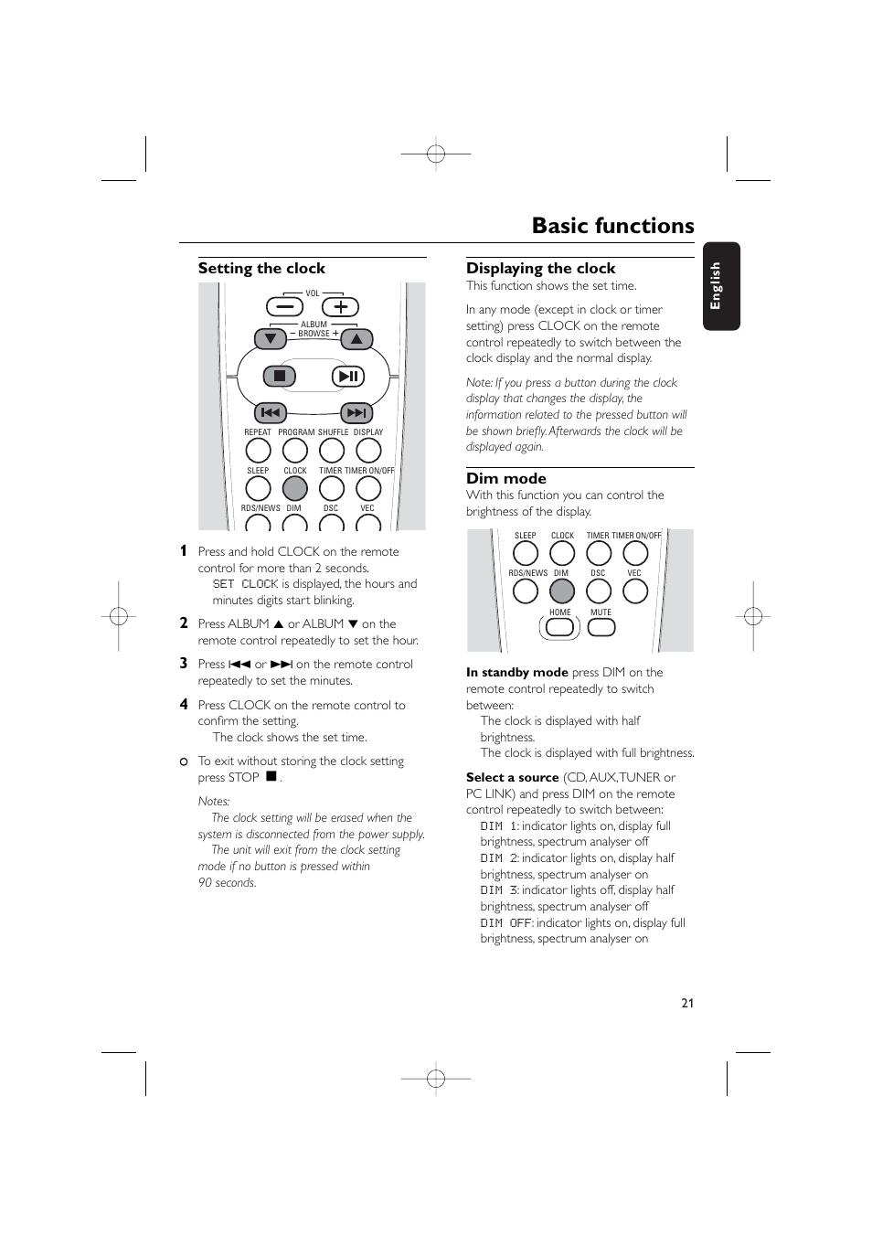 Basic functions, Setting the clock 1, Displaying the clock | Dim mode | Philips WIRELESS PC LINK MICRO MCW770 User Manual | Page 40 / 61