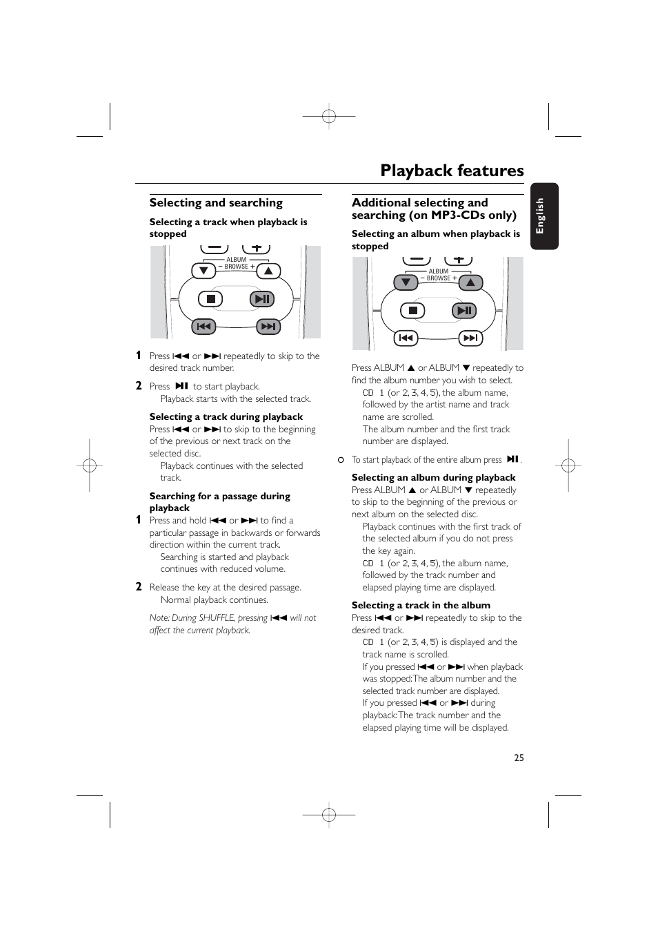 Playback features, Selecting and searching | Philips WIRELESS PC LINK MICRO MCW770 User Manual | Page 44 / 61