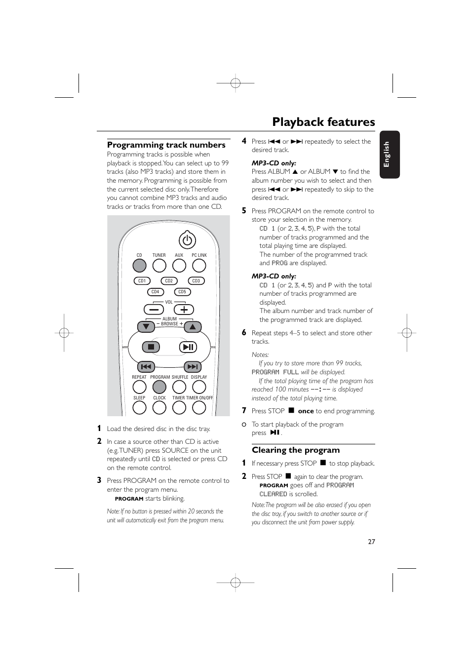 Playback features, Programming track numbers, Clearing the program 1 | Philips WIRELESS PC LINK MICRO MCW770 User Manual | Page 46 / 61