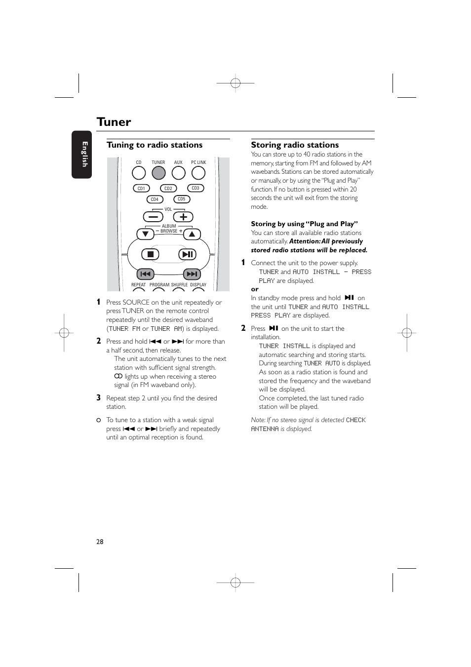 Tuner, Tuning to radio stations 1, Storing radio stations | Philips WIRELESS PC LINK MICRO MCW770 User Manual | Page 47 / 61