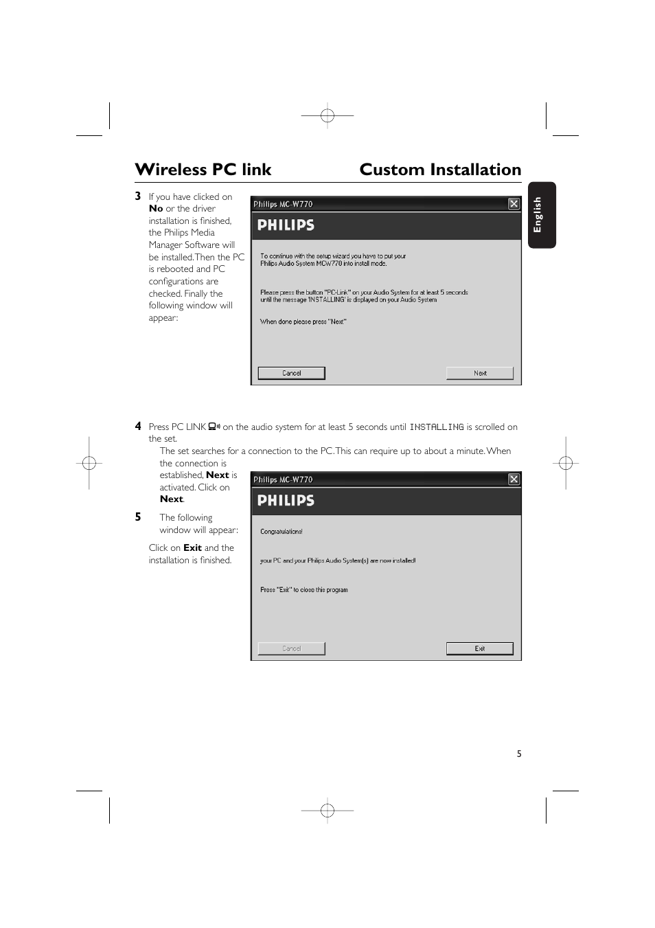 Wireless pc link custom installation | Philips WIRELESS PC LINK MICRO MCW770 User Manual | Page 5 / 61