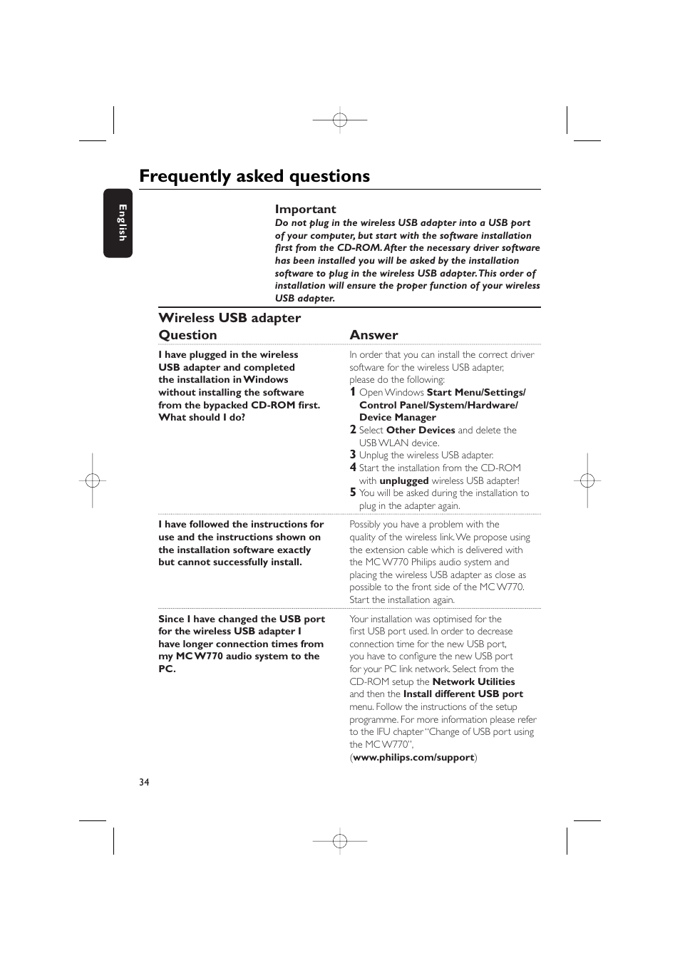 Frequently asked questions, Wireless usb adapter question answer | Philips WIRELESS PC LINK MICRO MCW770 User Manual | Page 53 / 61