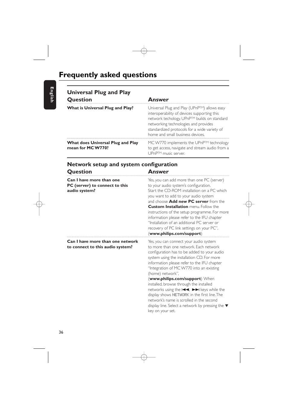 Frequently asked questions, Universal plug and play question answer | Philips WIRELESS PC LINK MICRO MCW770 User Manual | Page 55 / 61