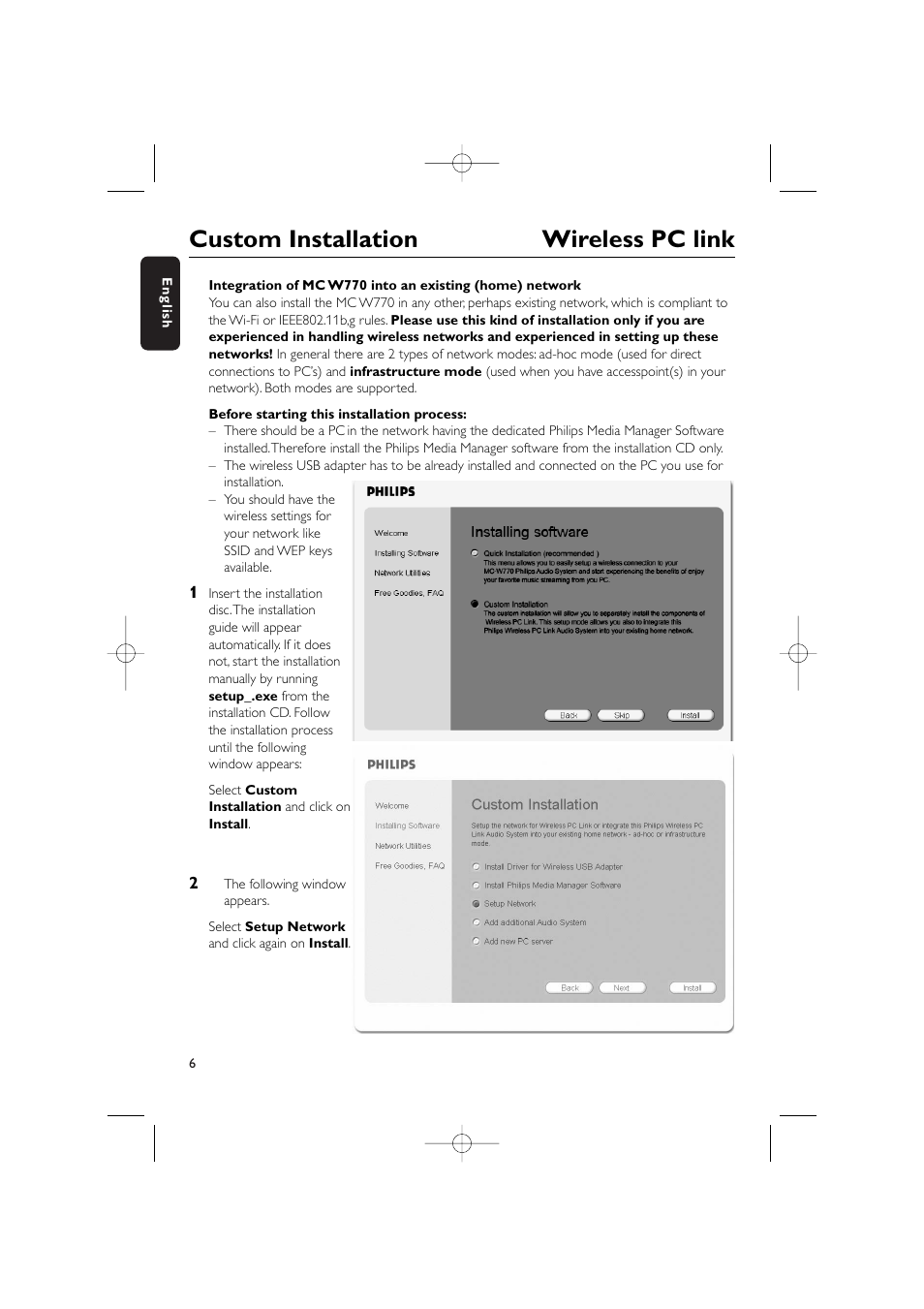 Custom installation wireless pc link | Philips WIRELESS PC LINK MICRO MCW770 User Manual | Page 6 / 61