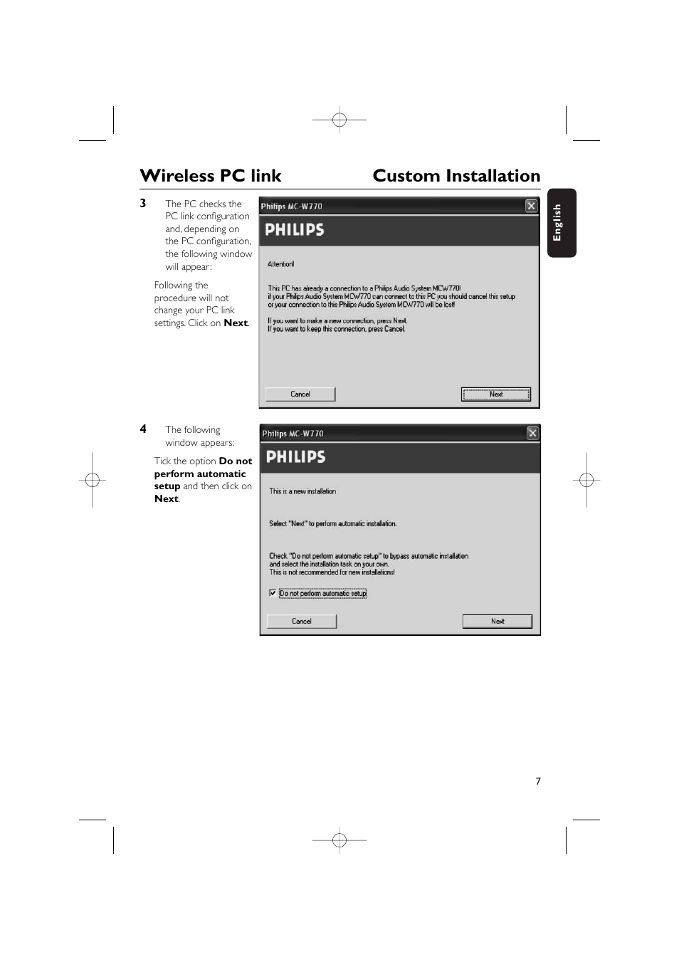 Wireless pc link custom installation | Philips WIRELESS PC LINK MICRO MCW770 User Manual | Page 7 / 61