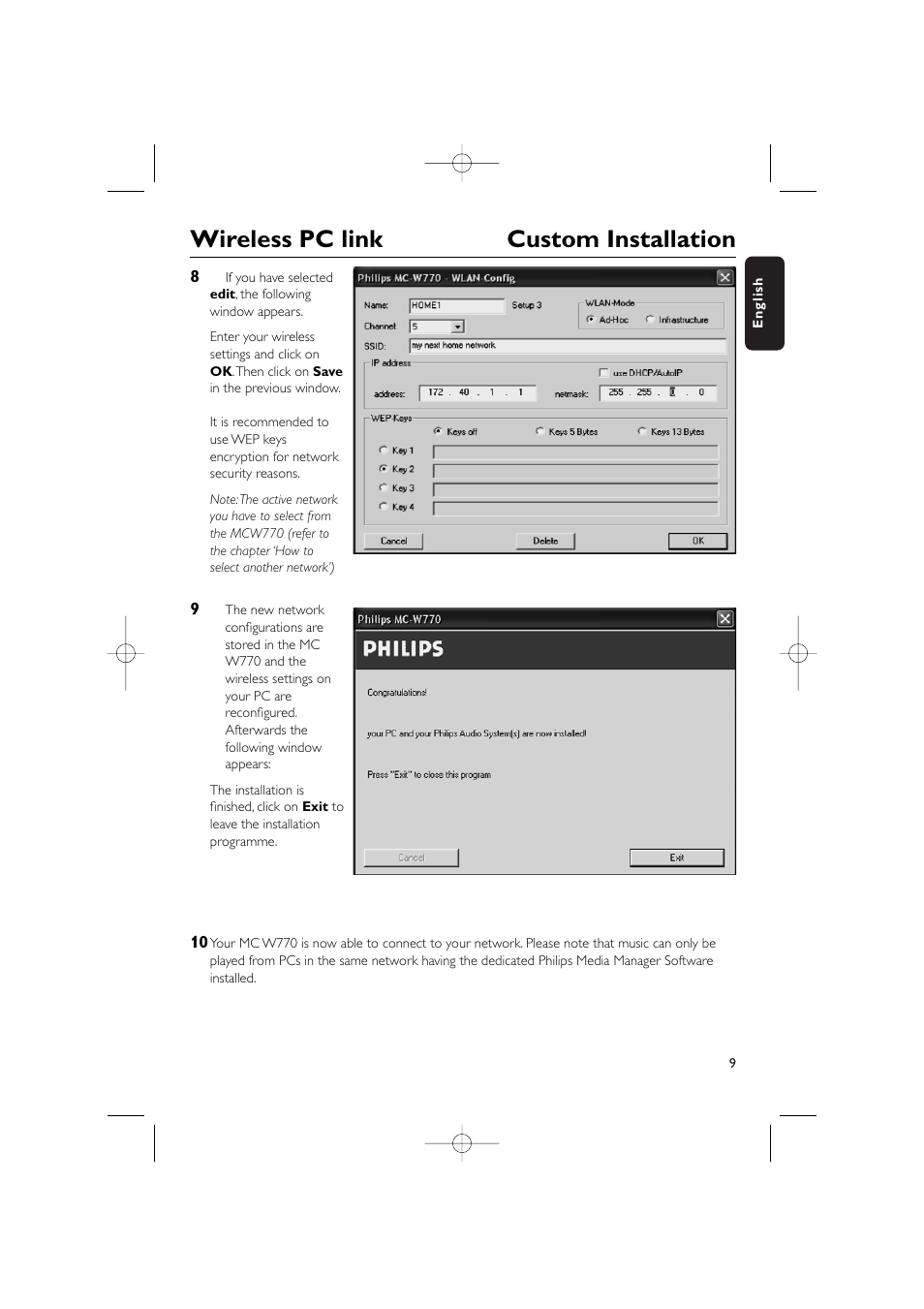 Wireless pc link custom installation | Philips WIRELESS PC LINK MICRO MCW770 User Manual | Page 9 / 61