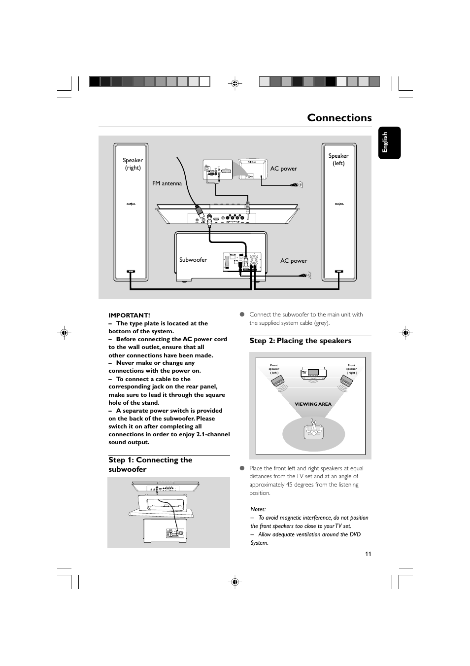 Connections, Step 1: connecting the subwoofer, Step 2: placing the speakers | Philips DVD Micro Theater MCD988 User Manual | Page 11 / 46