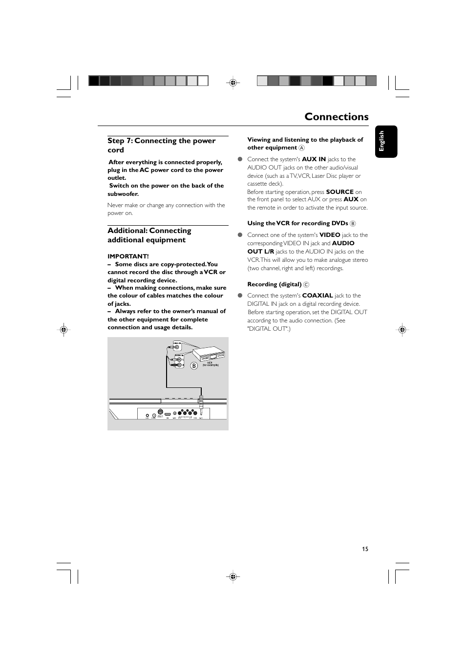 Connections, Step 7: connecting the power cord, Additional: connecting additional equipment | Philips DVD Micro Theater MCD988 User Manual | Page 15 / 46