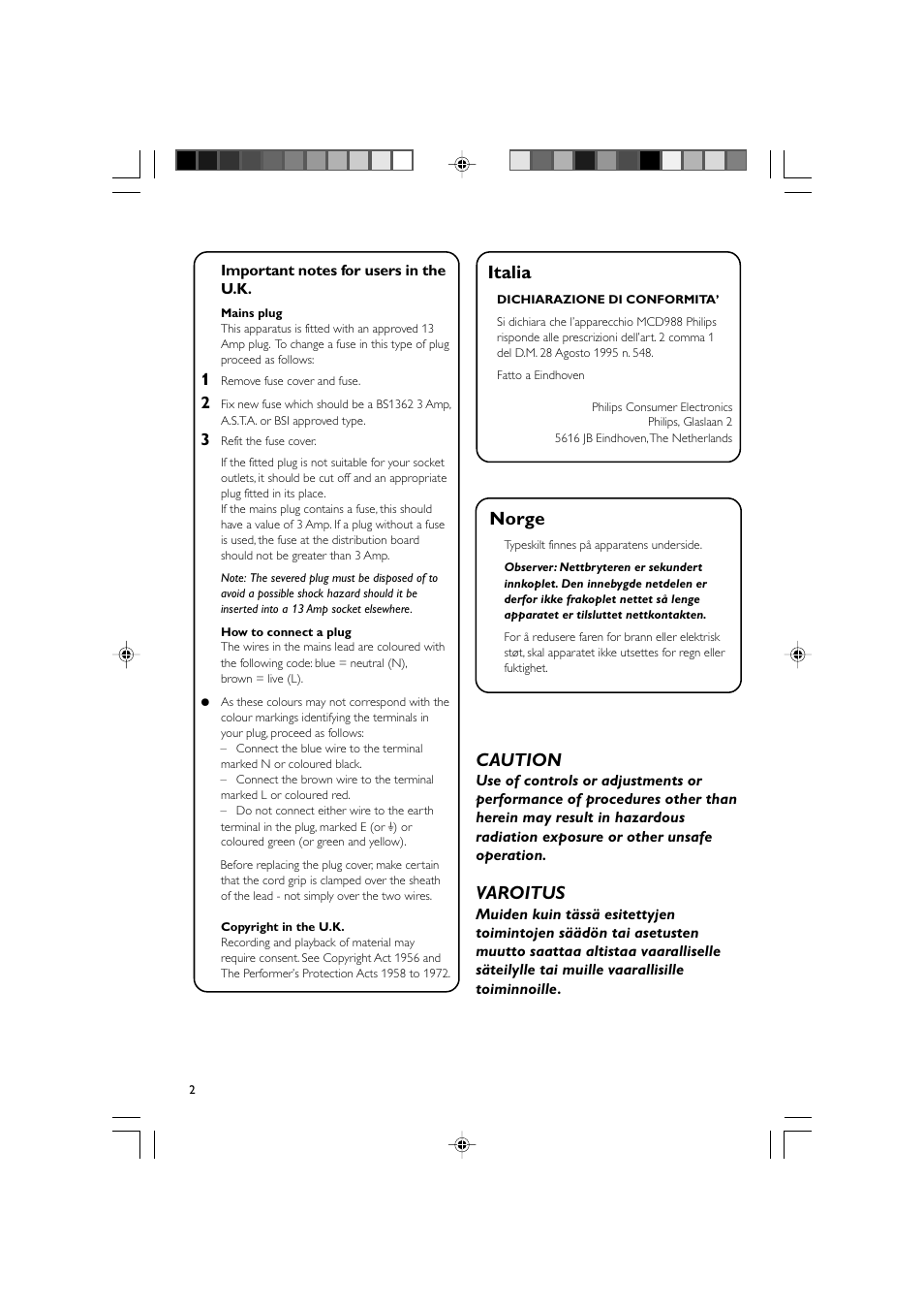 Norge, Italia, Caution | Varoitus | Philips DVD Micro Theater MCD988 User Manual | Page 2 / 46