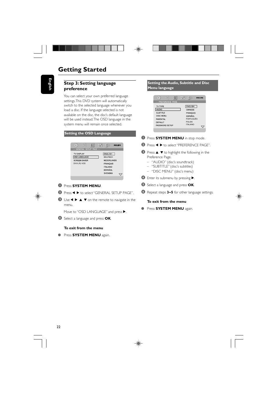 Getting started, Step 3: setting language preference | Philips DVD Micro Theater MCD988 User Manual | Page 22 / 46