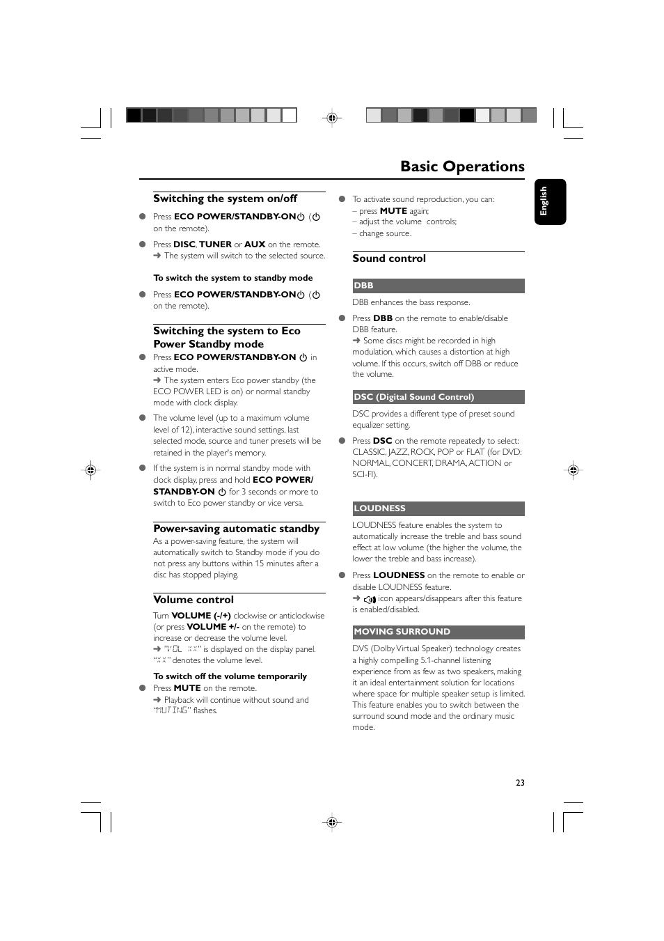 Basic operations, Switching the system on/off, Switching the system to eco power standby mode | Power-saving automatic standby, Volume control, Sound control | Philips DVD Micro Theater MCD988 User Manual | Page 23 / 46