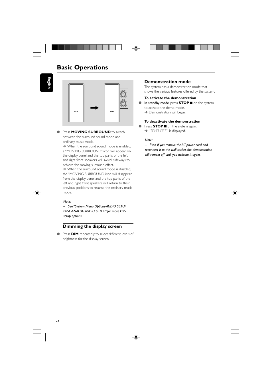 Basic operations, Dimming the display screen, Demonstration mode | Philips DVD Micro Theater MCD988 User Manual | Page 24 / 46