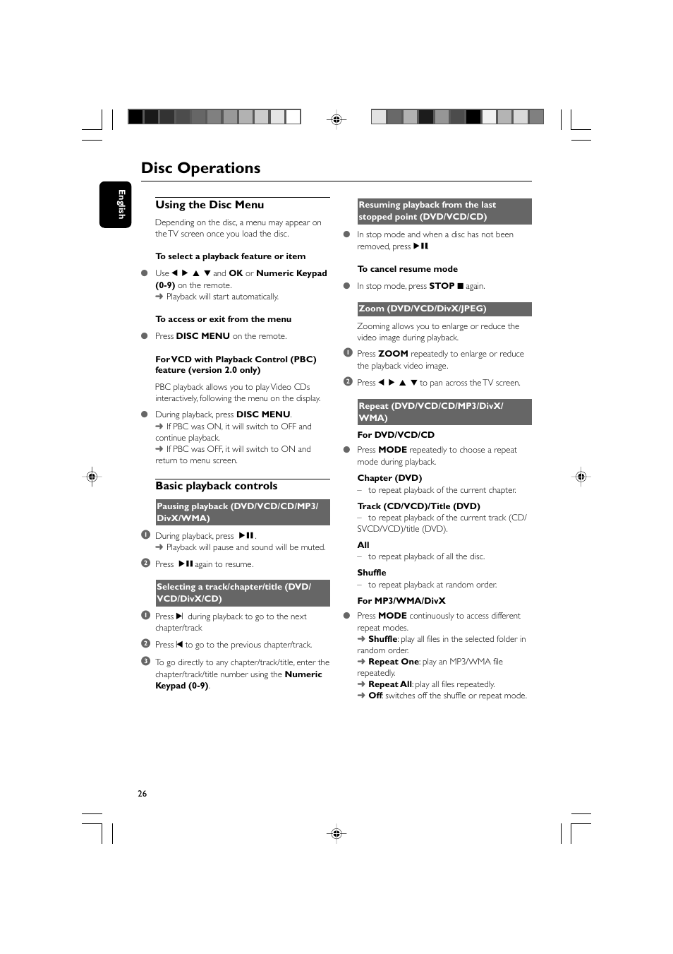 Disc operations | Philips DVD Micro Theater MCD988 User Manual | Page 26 / 46