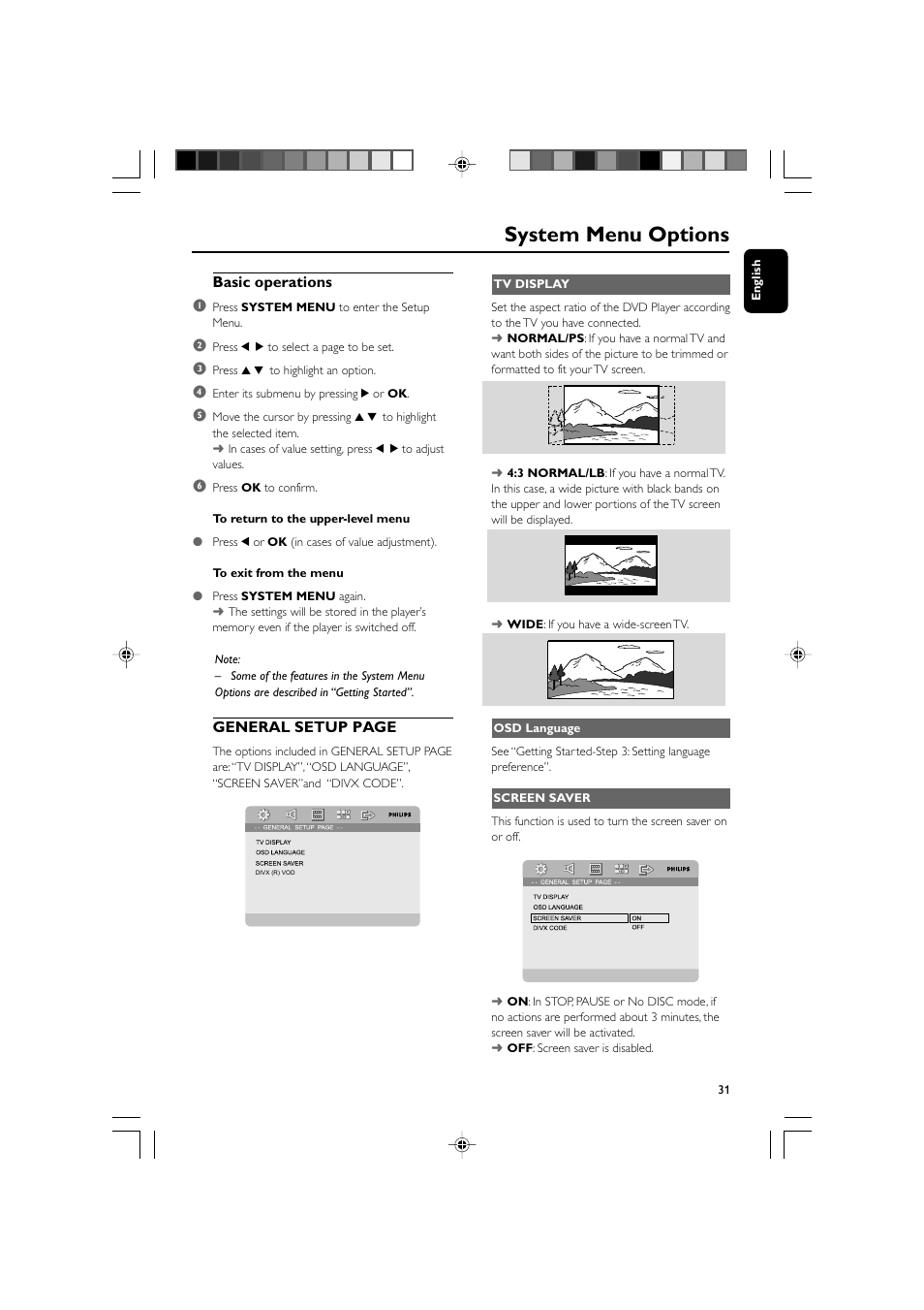 System menu options | Philips DVD Micro Theater MCD988 User Manual | Page 31 / 46