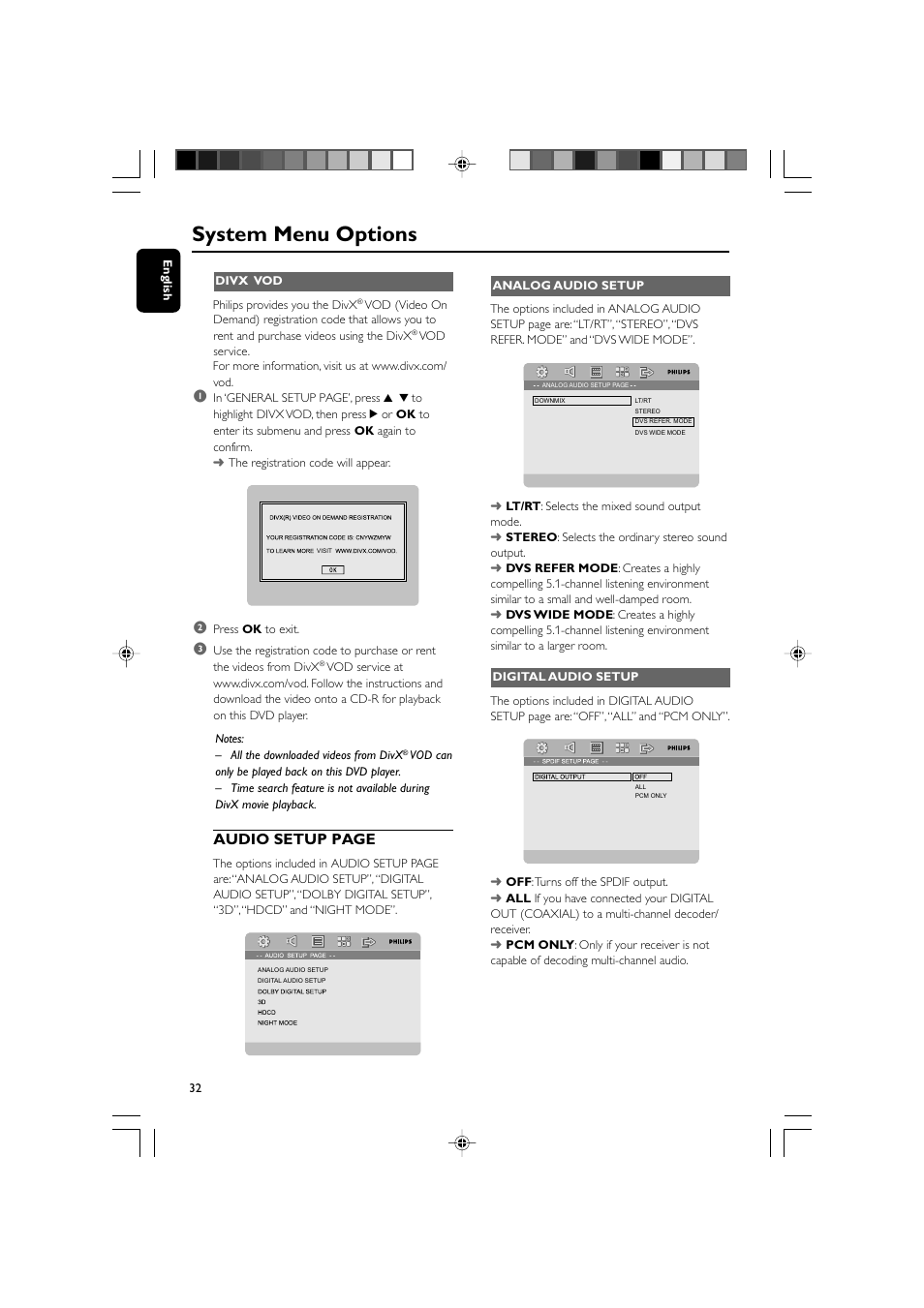 System menu options, Audio setup page | Philips DVD Micro Theater MCD988 User Manual | Page 32 / 46