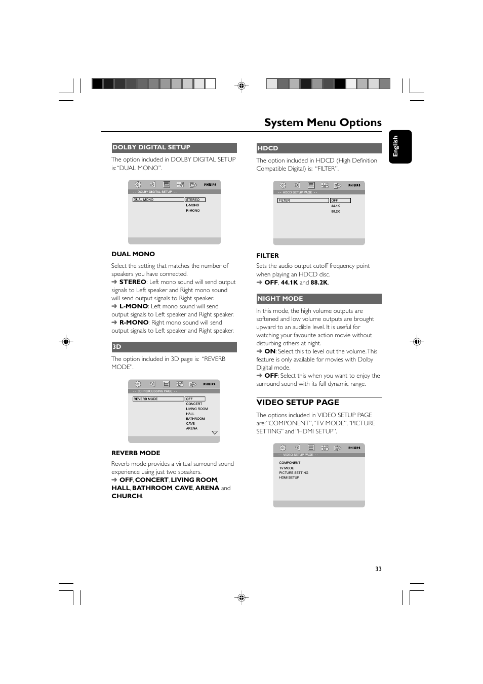 System menu options, Video setup page | Philips DVD Micro Theater MCD988 User Manual | Page 33 / 46