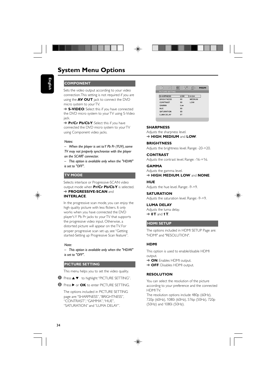 System menu options | Philips DVD Micro Theater MCD988 User Manual | Page 34 / 46