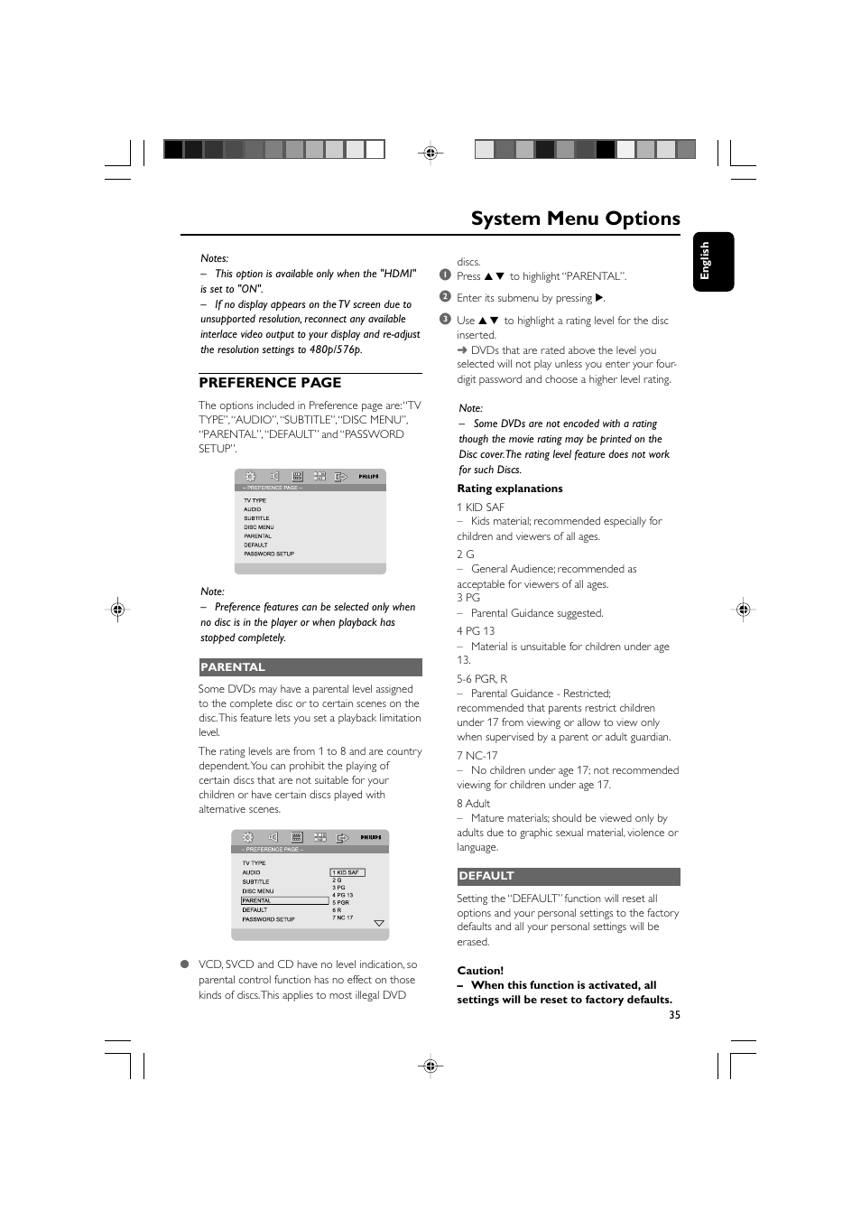 System menu options | Philips DVD Micro Theater MCD988 User Manual | Page 35 / 46