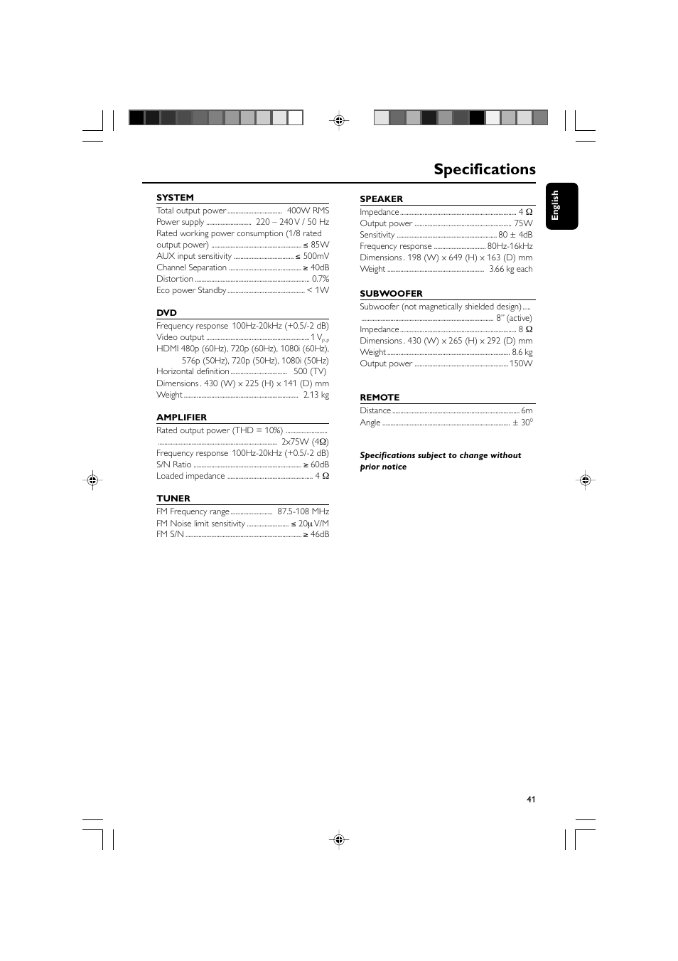 Specifications | Philips DVD Micro Theater MCD988 User Manual | Page 41 / 46