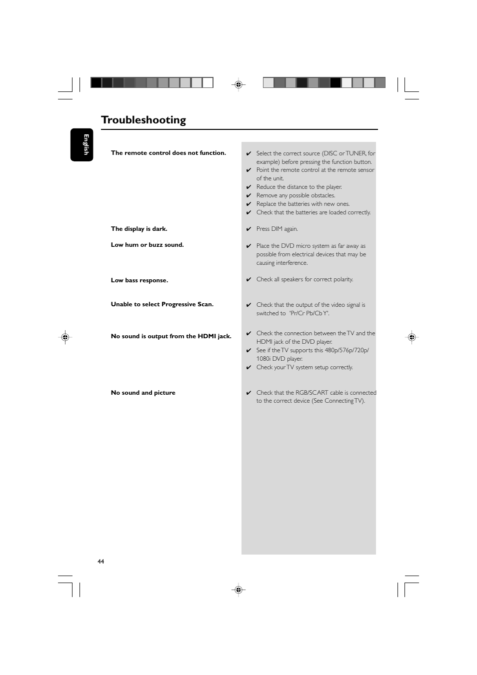 Troubleshooting | Philips DVD Micro Theater MCD988 User Manual | Page 44 / 46