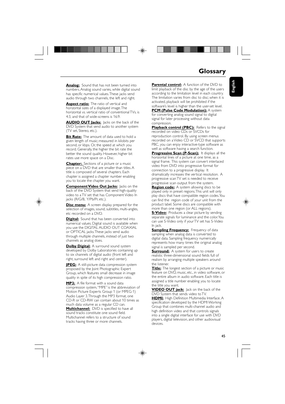 Glossary | Philips DVD Micro Theater MCD988 User Manual | Page 45 / 46