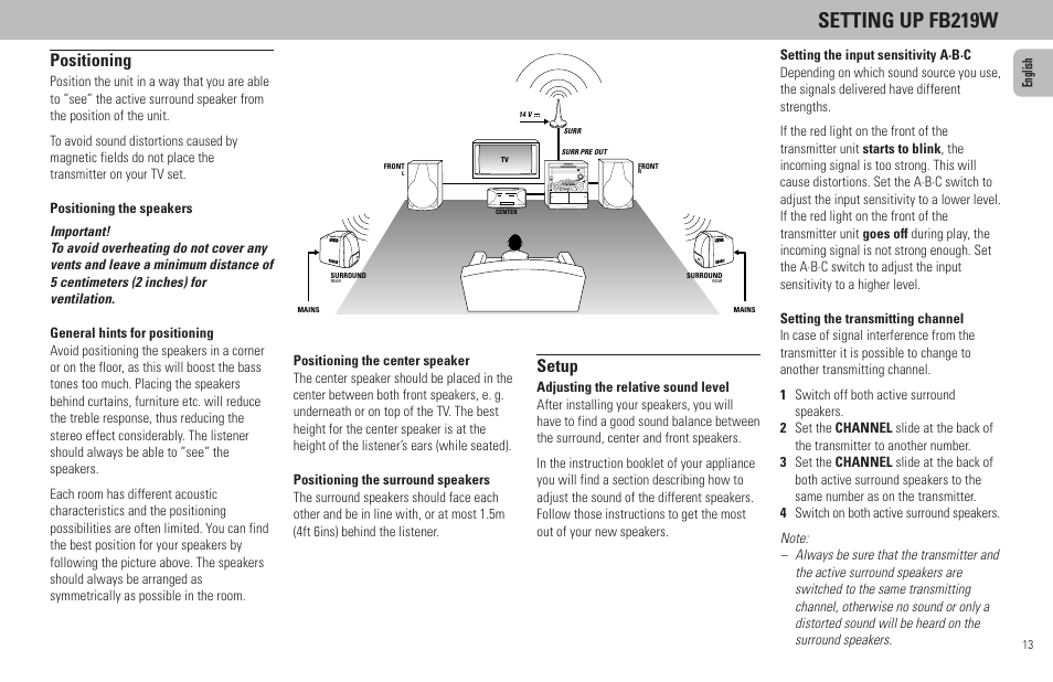 Setting up fb219w, Positioning, Setup | Philips FW798W User Manual | Page 13 / 33