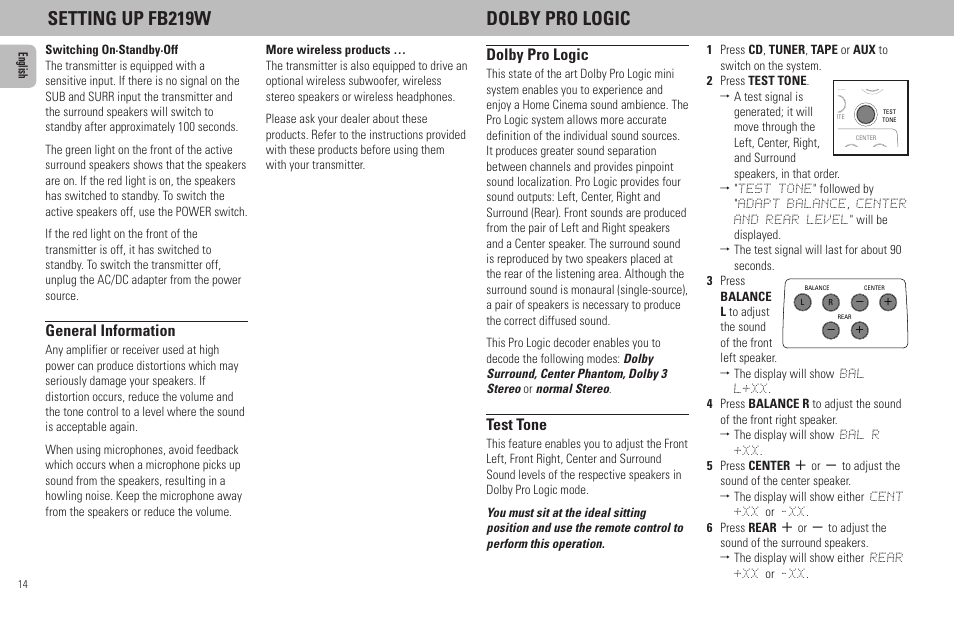 Setting up fb219w dolby pro logic, General information, Dolby pro logic | Test tone | Philips FW798W User Manual | Page 14 / 33