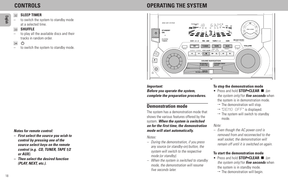 Controls operating the system, Demonstration mode | Philips FW798W User Manual | Page 18 / 33