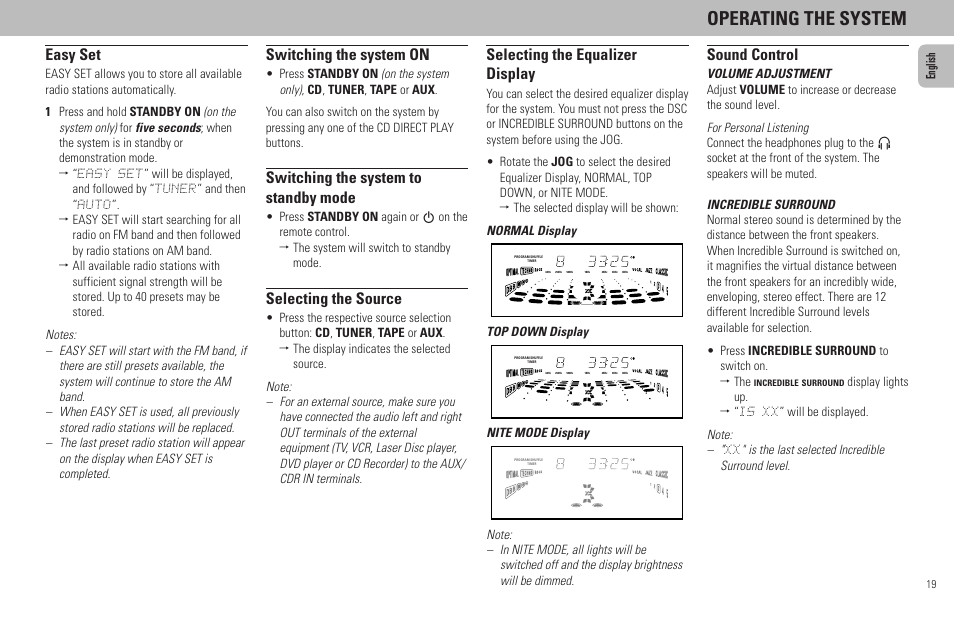 Operating the system, Easy set, Switching the system on | Switching the system to standby mode, Selecting the source, Sound control, Selecting the equalizer display, English, Top down display, Nite mode display | Philips FW798W User Manual | Page 19 / 33
