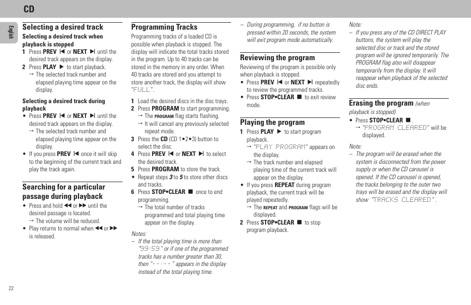 Selecting a desired track, Searching for a particular passage during playback, Programming tracks | Erasing the program, Reviewing the program, Playing the program | Philips FW798W User Manual | Page 22 / 33