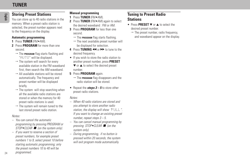 Tuner, Storing preset stations, Tuning to preset radio stations | Philips FW798W User Manual | Page 24 / 33