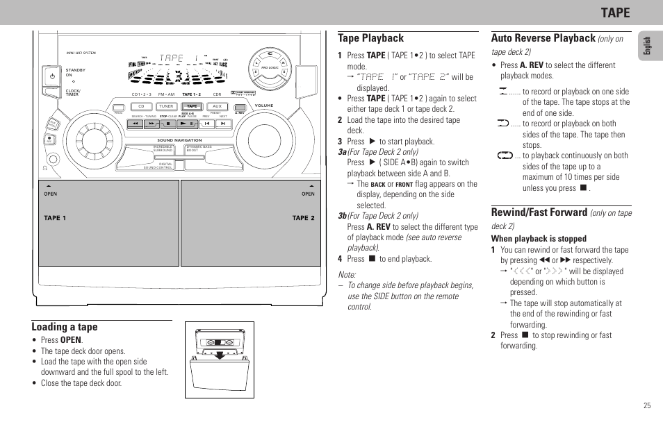 Tape, Loading a tape, Tape playback | Auto reverse playback, Rewind/fast forward, English | Philips FW798W User Manual | Page 25 / 33