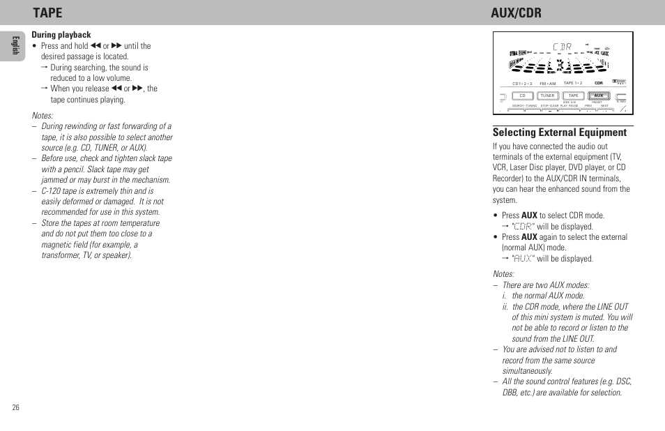 Tape aux/cdr, Selecting external equipment, English | Philips FW798W User Manual | Page 26 / 33