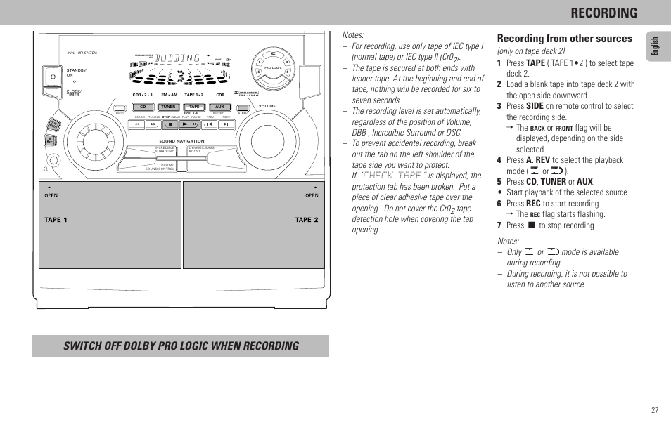 Recording, English | Philips FW798W User Manual | Page 27 / 33