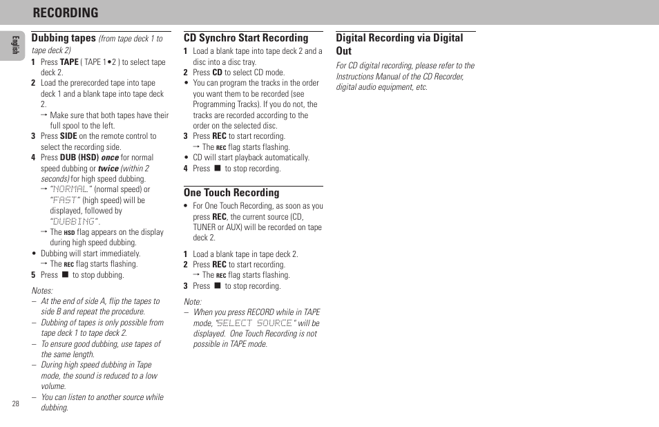 Recording, Dubbing tapes, Cd synchro start recording | One touch recording, Digital recording via digital out | Philips FW798W User Manual | Page 28 / 33