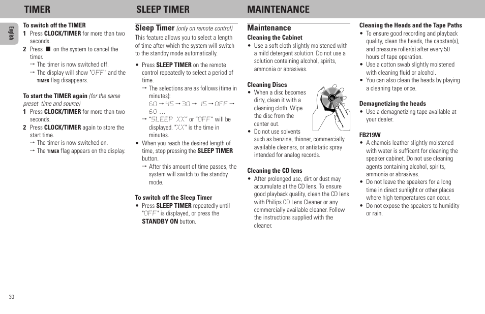 Timer sleep timer maintenance, Maintenance, Sleep timer | Philips FW798W User Manual | Page 30 / 33
