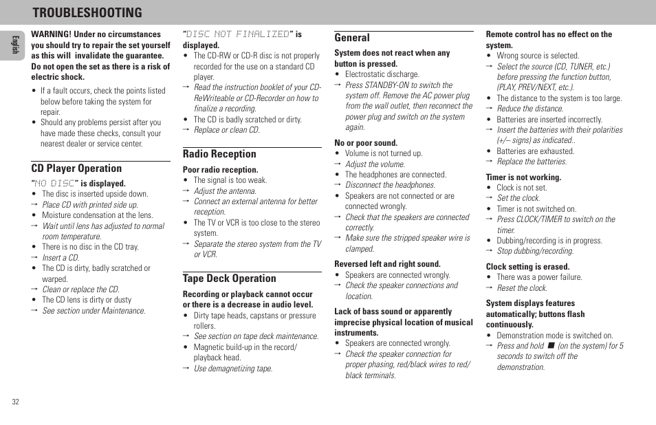 Troubleshooting, Cd player operation, Radio reception | Tape deck operation, General | Philips FW798W User Manual | Page 32 / 33