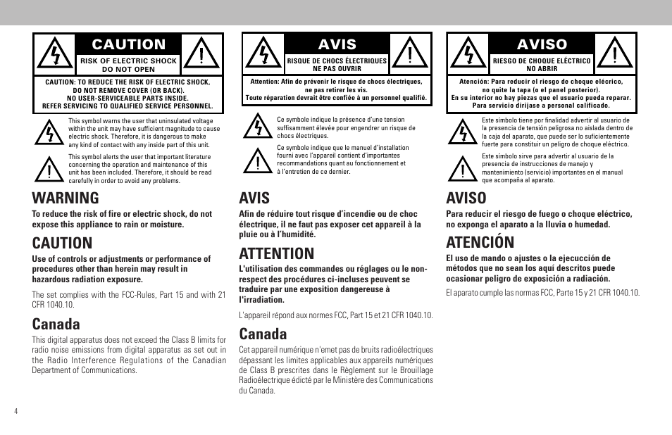 Warning, Canada, Attention | Atención, Caution, Avis, Aviso | Philips FW798W User Manual | Page 4 / 33