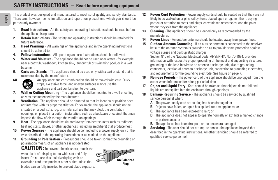 Safety instructions, Caution, Read before operating equipment | Philips FW798W User Manual | Page 6 / 33