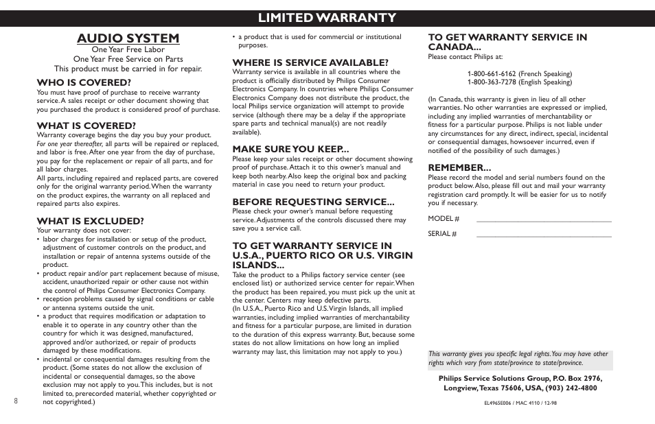 Limited warranty, Audio system | Philips FW798W User Manual | Page 8 / 33